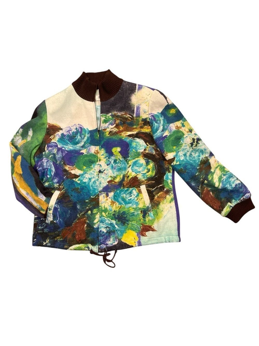 LILLY XL multicoloured Monet like abstract brown trim wool blend zip up coat